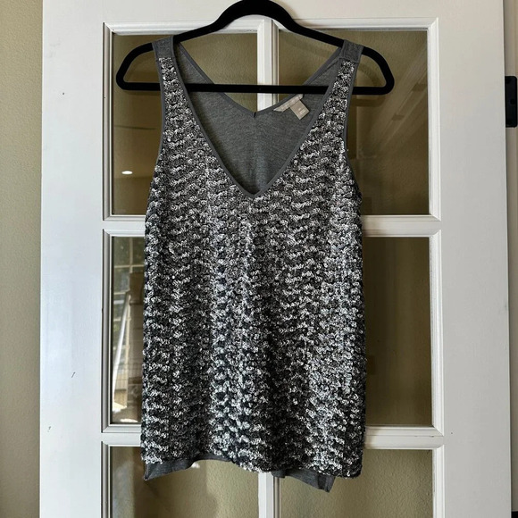 BANANA REPUBLIC Silver Grey Sequin Tank Top Shirt Size Medium V Neck - Picture 2 of 8